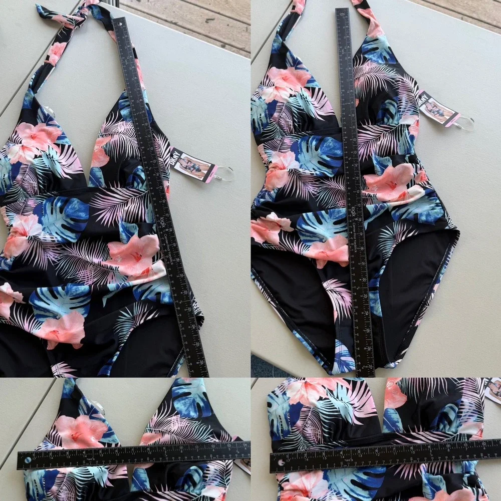DKNY Women S Black Pink Blue Tropical Floral Halter One Piece Swimsuit Beach NWT - Picture 4 of 13